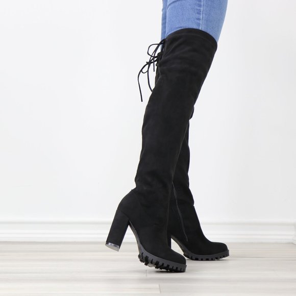 Black Faux Suede Round Toe Thigh High Over The Knee Block Lug High Heel Boots - Picture 6 of 13